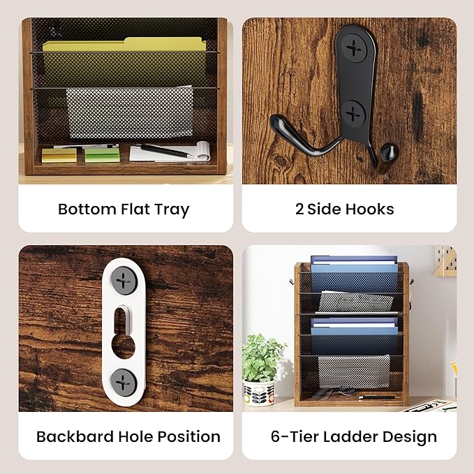 Creso hom Mail Organizer Wall Mounted, Mail Sorter with 2 Key Hooks, 6-Slot File Organizer for Wall or Desk, Wood Letter Holder Envelopes Bills Accessories for Home Office, Rustic Brown
