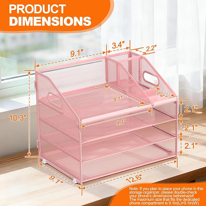 DocNest 4 Tier Metal Mesh Desk File Organizer with Phone Shelf, Pink | Desktop letter tray sorter features a 9.1x9.1 inch top phone holder, built-in sticky note compartment and pen holder