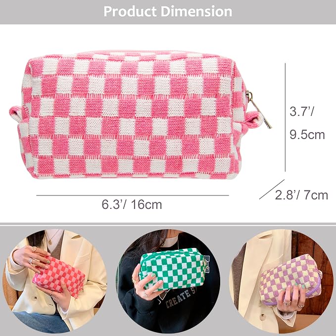 PAZIMIIK Checkered Makeup Bag for Purse, Small Travel Cosmetic Pouch,Pink | Cute Zipper Makeup Organizer for Women, Travel Essentials, Toiletries, Makeup Brushes, Beauty Accessories&Bridesmaid Gifts