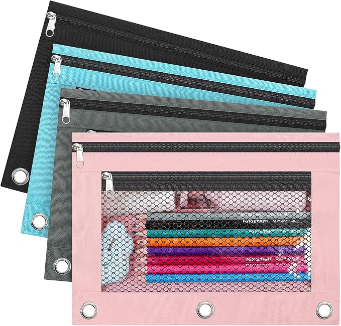 KONVINIT 4 Pack Pencil Pouch for 3 Ring Binder, Zipper Binder Pencil Pouch in Assorted Colors, Durable Cloth Pencil Pouches with 2 Pockets, Pencil Case for School Supplies, Cables, Earbuds, Makeup