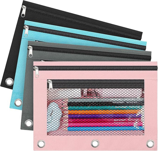 KONVINIT 4 Pack Pencil Pouch for 3 Ring Binder, Zipper Binder Pencil Pouch in Assorted Colors, Durable Cloth Pencil Pouches with 2 Pockets, Pencil Case for School Supplies, Cables, Earbuds, Makeup