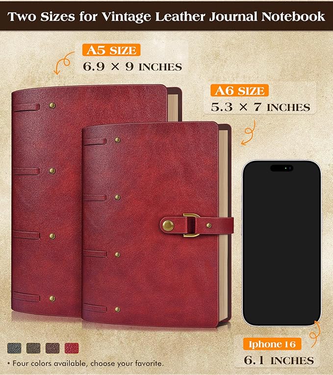 Leather Journal Notebook, A6 Size 5.3 x 7 inches 260 Pages Refillable Vintage Travel Notebook with Gift Box, 100 GSM Thick Lined Paper Journal Writing Diary Note Taking for Men and Women – Wine Red