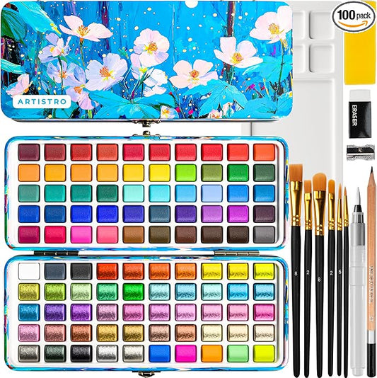 ARTISTRO 100 Color Watercolor Paint Set - Portable Paint Art Kit in Blue Floral Metal Case with Palette and Brush Pens - Travel Water Color Set for Adults, Professionals and Amateurs