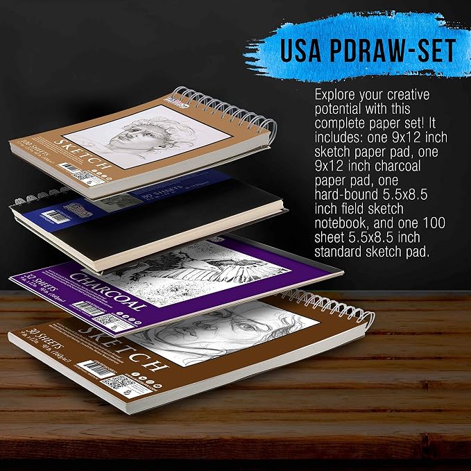 U.S. Art Supply 4-Pad Sketch Book and Drawing Paper Set (242 Sheets) - Sizes (5.5 x 8.5 and 9 x 12 Inch) Spiral Bound, Artist Drawing Pads for Mixed Media