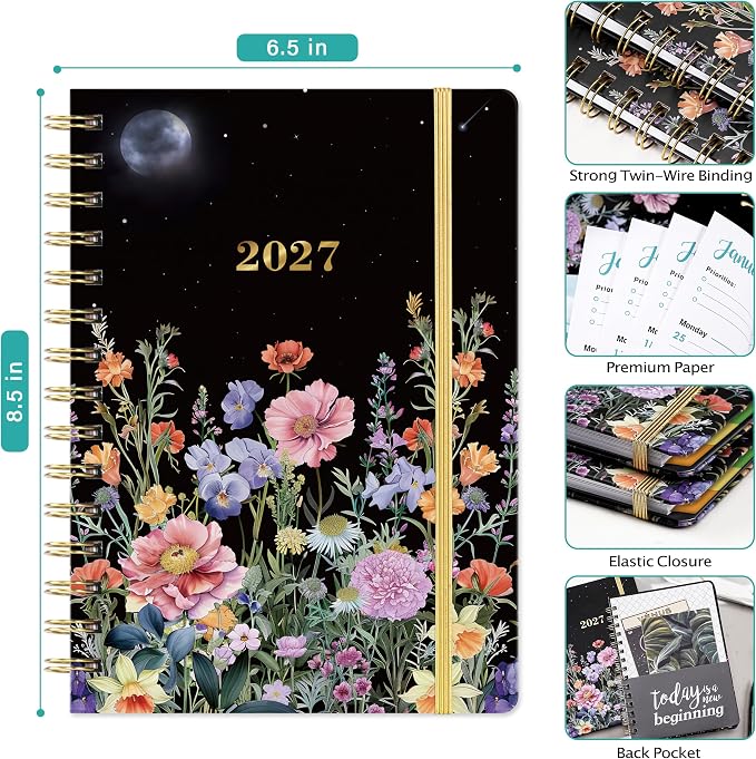 2027 Planner, 2027 Planner Weekly and Monthly, Jan 2027-Dec 2027, Hardcover | 12 Monthly Tabs,Elastic Closure,Twin-Wire Binding, Holiday Reminders, Back Pocket, Premium Paper,for School Office,6.5"x8.5"