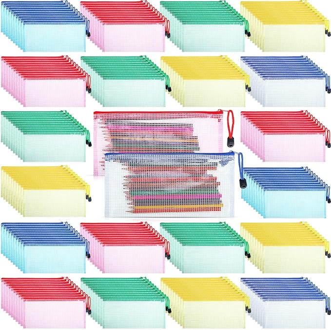 Zhehao 200 Pieces A6 Mesh Zipper Pouch Bulk Mesh Bags with Zipper Waterproof Small Pencil Pouches for Office Supplies Organization 9.4 x 4.5 Inches(Mixed Colors)