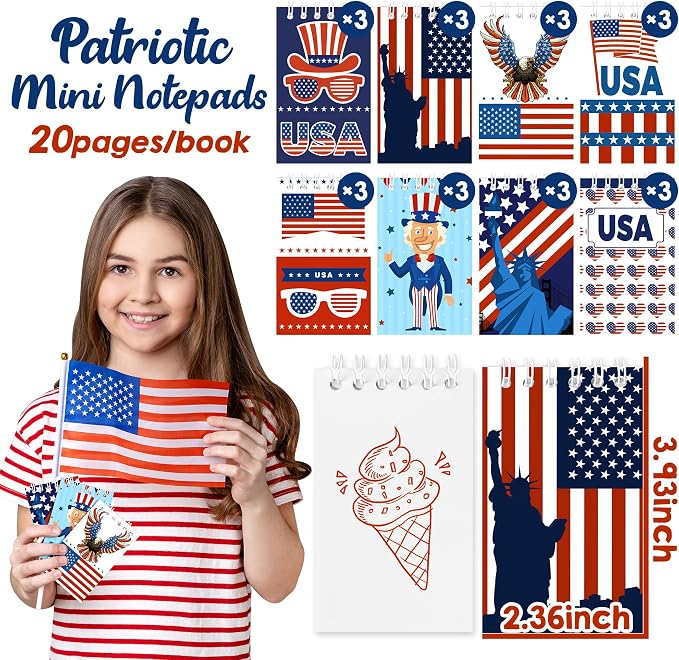 24Pcs Patriotic Mini Notepads, Red White Blue 4th of July Spiral Notebooks Bulk, USA American Pocket Memo Pads for Labor Day Veterans Day 250th anniversary Party Favors Gifts Office School Supplies