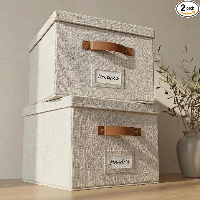 Decorative File Organizer Box Set of 2 - Collapsible Linen Filing Cabinets | Stores documents and hanging file folders - portable office crates with lid and handles for easy slide access