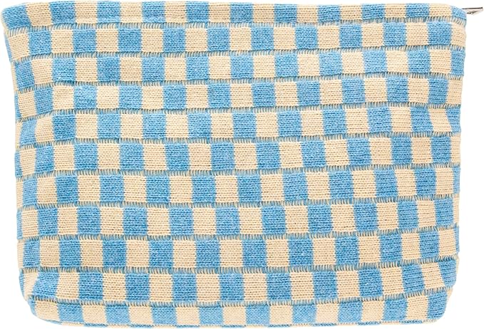 Checkered Makeup Bag for Purse, Small Flat Cosmetic Pouch,Blue Beige | Cute Zipper Makeup Organizer for Women, Travel Essentials, Toiletries, Makeup Brushes, Beauty Accessories&Bridesmaid Gifts