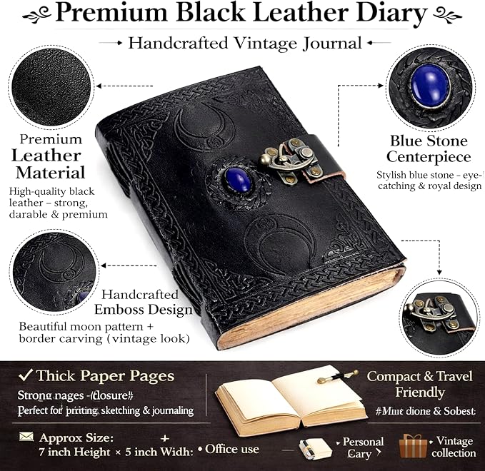 cuero 3 Moon Blue Lapis Embossed Vintage Leather Journal for Men & Women - 176 Pages, Antique Handmade Deckle Edge Vintage Paper, Leather Journal Writing Notebook Dairy Gift(10 inch by 13 inch, Black) [Unknown Binding]