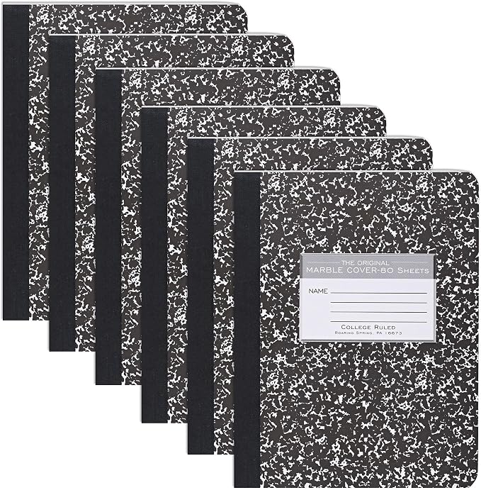 ROARING SPRING Hard Cover Composition Notebook, 6 Pack, Black Marble Comp Book, 9.75″ x 7.5″, College-Ruled with Margin, 80 Sheets (160 Pages), Made in USA