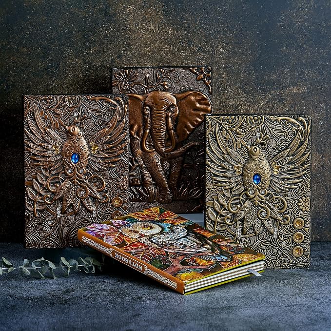 Vintage 3D Owl Cover Embossed Leather Writing Journal +Pen Set,A5,200Pages,Antique Handmade Daily Notepad Sketchbook,Travel Diary&Notebook to Write in,for Women Men