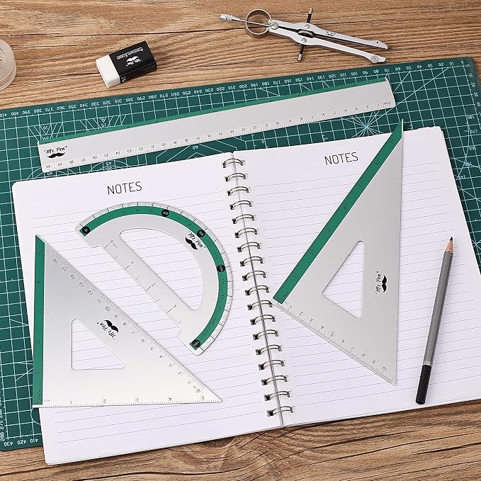 Mr. Pen- Metal Geometry Kit, 4 Pack, 45° & 30°/60° Set Squares | 6" Protractor & 12" Ruler, Durable Metal Drafting Tools for Technical Drawing, Math, Engineering & Architecture