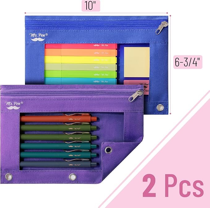 Mr. Pen- Pencil Pouch for 3 Ring Binder, 2 Pack, 10"x6.75", Smooth Zipper | Clear Window, Large Capacity Pencil Case with 3 Reinforced Grommets for School, Office, Supplies Storage | Clear Window, Large Capacity Pencil Case with 3 Reinforced Grommets f...