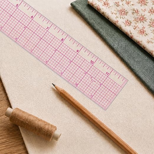 YLAZIION Clear Ruler for Sewing 2x12 Inch Easy Read Grid Graph Ruler 1.4mm | Upgraded Rose Red Markings, Flexible Plastic Ruler for Pattern Grading, Tailoring & Quilting, 16THS Enlarged Scale for Sewing