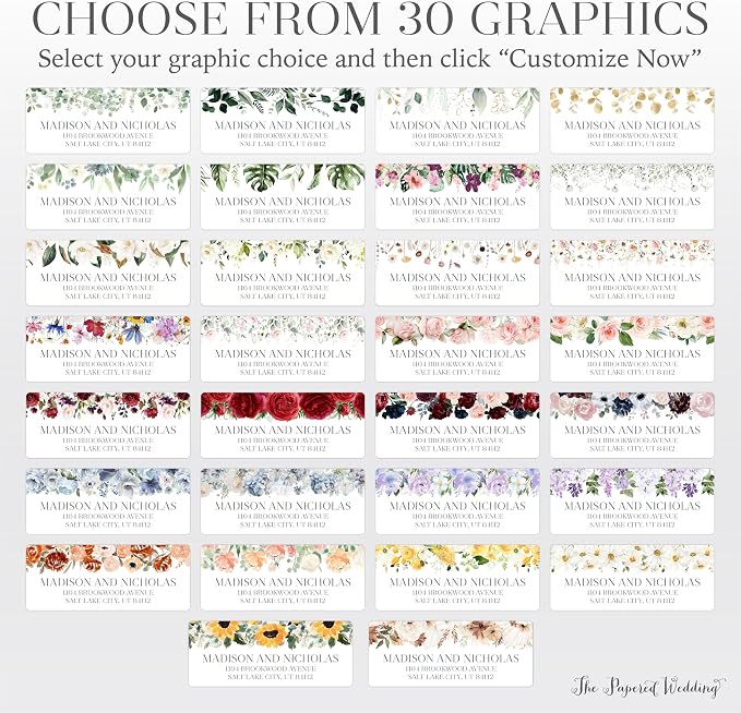 Return Address Labels Personalized with Your Choice of 30 Flower Styles - Choose Font and Font Color or Add Custom Text - Perfect for Wedding Envelopes (011 Wildflowers)