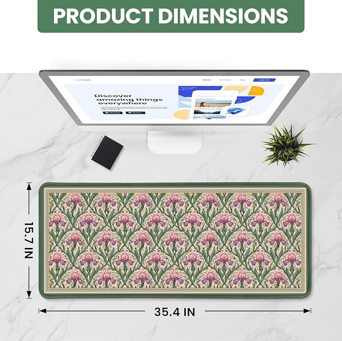 Large Mouse Pad for Desktop, Cute Desk Mat Pad Protector for Work & Gaming, Aesthetic Pretty Anti-Slip Laptop Blotter Cover for Office School Home Supplies, Blush Iris Garden, 35.4" x 15.7"