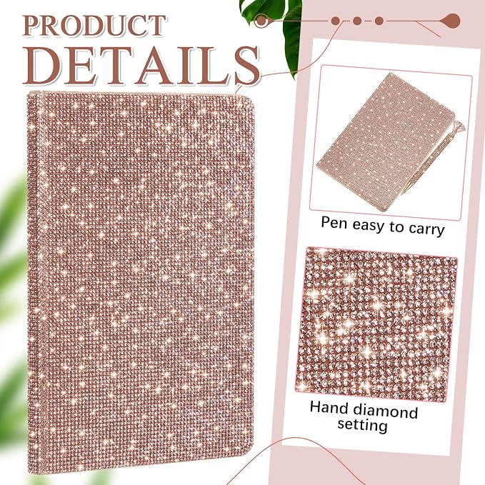 Resholder Rhinestone Pen & Glitter Notebook Set, Hard Cover Bling Diary Journal for Girls, Cute School Supplies for Back to School, Sparkly Desk Accessories Gift for Women(Rhinestone,A5,Rose Gold)