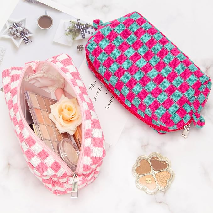 Checkered Makeup Bag for Purse, Small Cosmetic Pouch,Magenta Green,2 Pack | Cute Zipper Makeup Organizer for Women, Travel Essentials, Toiletries, Makeup Brushes, Beauty Accessories&Bridesmaid Gifts