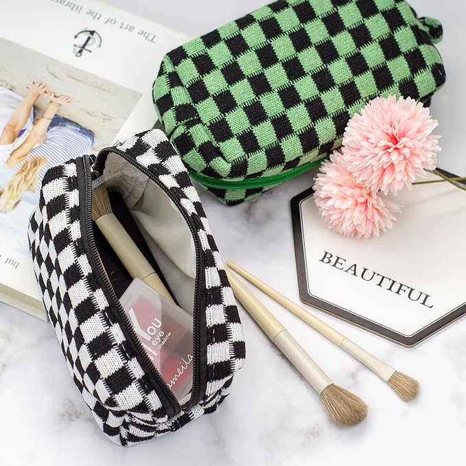 Checkered Makeup Bag for Purse, Small Travel Cosmetic Pouch,Black,6 Pack | Cute Zipper Makeup Organizer for Women, Travel Essentials, Toiletries, Makeup Brushes, Beauty Accessories&Bridesmaid Gifts