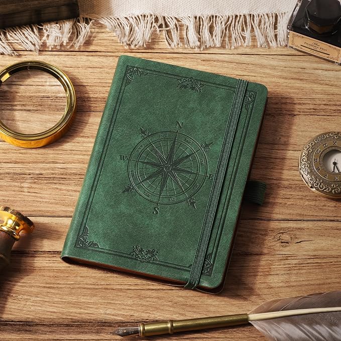 AHGXG Small Blank Pocket Notebook, 256 Numbered Pages, B6 (4.1'' X 5.7'') | Mini Journal, Vintage Soft Leather Hardcover, 80gsm Paper, for Men Women Work Office School (Dark green)