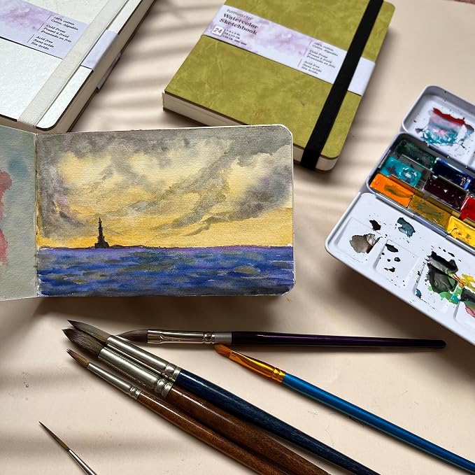 Landscape Watercolor Paper Sketchbook, 140 LB, 100% Cotton, Cold Press | 300 GSM, 5x7.5", 24 Sheets, 48 Pages, tumuarta Watercolor Journal For Use As Travel Sketch book and Mixed Media Pad On The Go