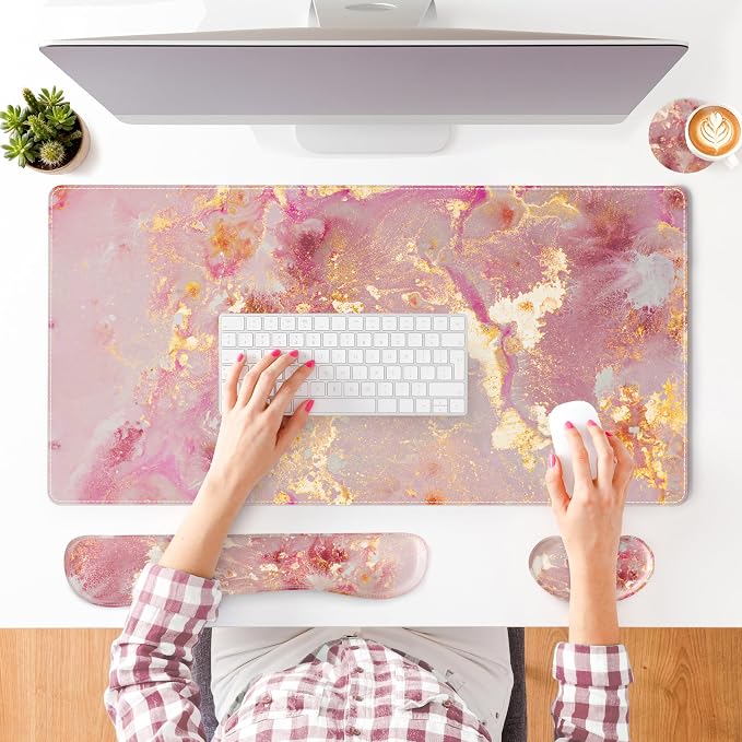 QiyI Leather Desk Mat Set, 4-in-1 Large Mouse Pad with Ergonomic Wrist Rest, Waterproof Desk Pad + Keyboard Wrist Rest + Mouse Wrist Support + Coaster, Non-Slip Office Gaming Accessories, Pink Marble