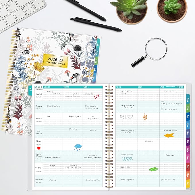 GoiUnlt Teacher Planner 2026-2027, JUL. 2026 – JUN. 2027, Lesson Planner 2026-2027 Academic Year, with Tabs, Thick Paper, 2-Sided Pocket, 8.6″ x 11″ Daily Weekly and Monthly Calendar with 8 Periods