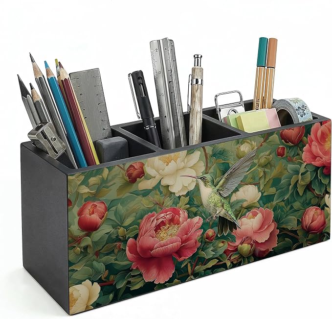 Vintage William Morris Inspired Floral Hummingbird Wooden Pencil Pen Holder for Desk Accessories, Rustic Botanical Hummingbird Bird Makeup Brush Holder Organizer for Bathroom Vanity