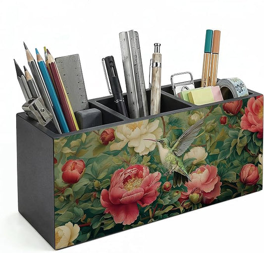 Vintage William Morris Inspired Floral Hummingbird Wooden Pencil Pen Holder for Desk Accessories, Rustic Botanical Hummingbird Bird Makeup Brush Holder Organizer for Bathroom Vanity