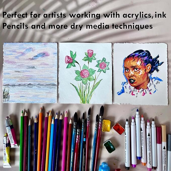 tumuarta Deckle Edge Paper Sketchbook, 92 LB, 150 GSM, 80 Sheets Mixed Media Paper, Acid Free, Handmade Journal Hardbound Vintage Sketch Book for Pencil, Ink, Markers, Acrylic and More (8" X 8")