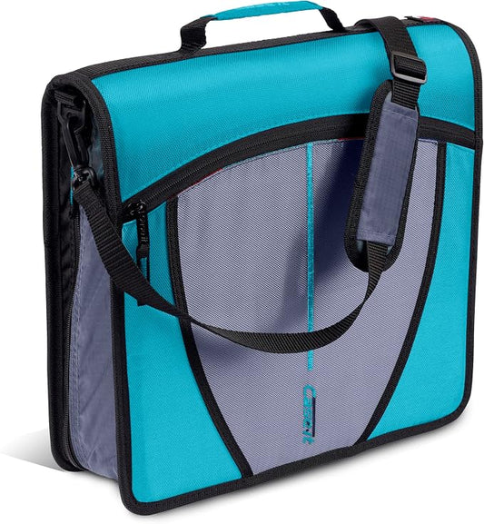 Case-it Mighty Zip Tab School Zipper Binder | 3-Inch O-Rings, 600-Sheet Capacity, 5-Subject Expanding File Folder, Multiple Pockets & Storage Organizer, Shoulder Strap | D-146 Aqua Marine