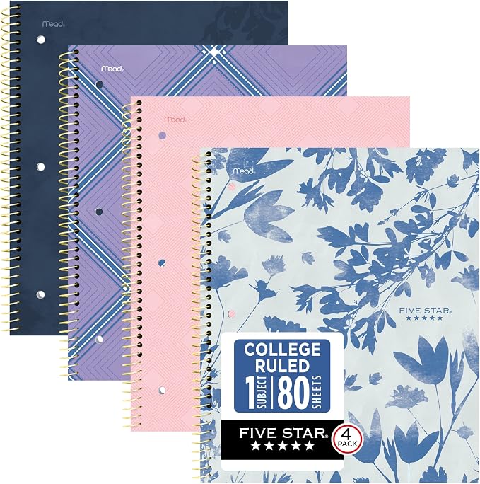 Five Star Spiral Notebook + Study App, 1 Subject, College Ruled Paper, 8-1/2" x 11", 80 Sheets, Styles, 4 Pack (850222F)