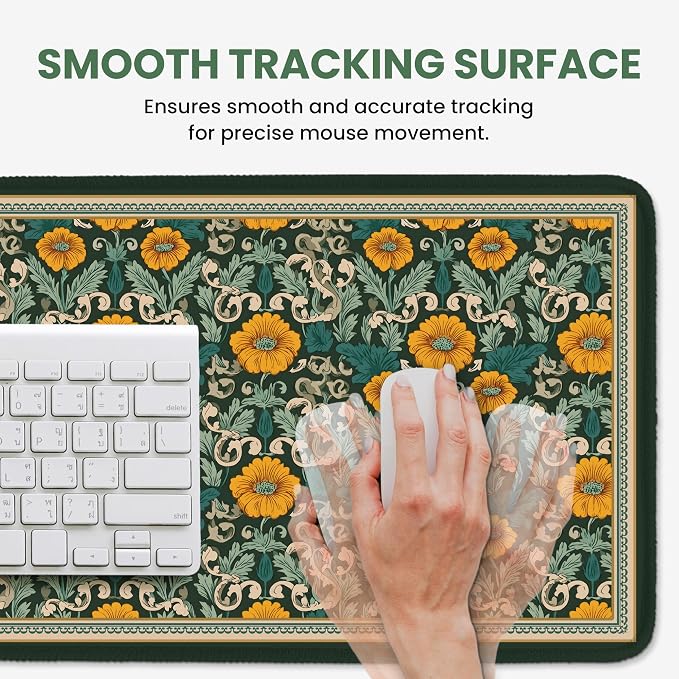 Large Mouse Pad for Desktop, Cute Desk Mat Pad Protector for Work & Gaming, Aesthetic Pretty Anti-Slip Laptop Blotter Cover for Office School Home Supplies, Baroque Bloomfield, 35.4" x 15.7"