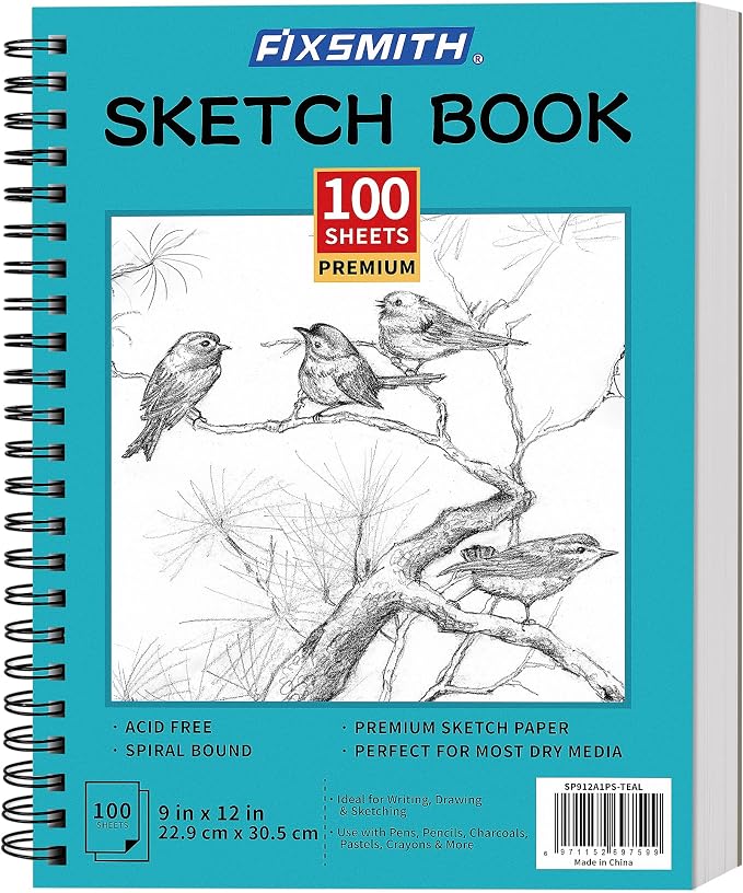 FIXSMITH 9"X12" Teal Sketch Book, 100 Sheets (68 lb/100gsm) Spiral Sketchbook, Acid Free Drawing Paper, Sketch Pad for Beginners,Artists & Professionals, Bright White