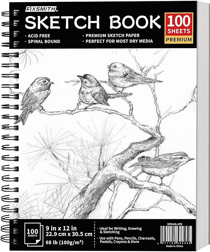 FIXSMITH 9"X12" Sketch Book, 100 Sheets, 68 lb/100gsm | 100 Sheets, Bright White, Spiral Sketchbook, Acid Free Drawing Paper, For Kids, Beginners, Artists & Professionals