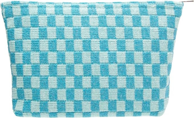 Checkered Makeup Bag for Purse, Small Flat Cosmetic Pouch,Lake Blue | Cute Zipper Makeup Organizer for Women, Travel Essentials, Toiletries, Makeup Brushes, Beauty Accessories&Bridesmaid Gifts