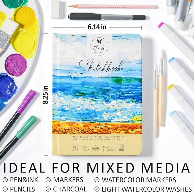 Mixed Media Sketch Book Hardcover 60 Pages Thick 400 GSM / 180 lb Acid Free Paper Lay Flat Bound for Drawing Painting 6,14“ x 8,25“ for Kids and Adults Beginners and Professionals Eco Friendly