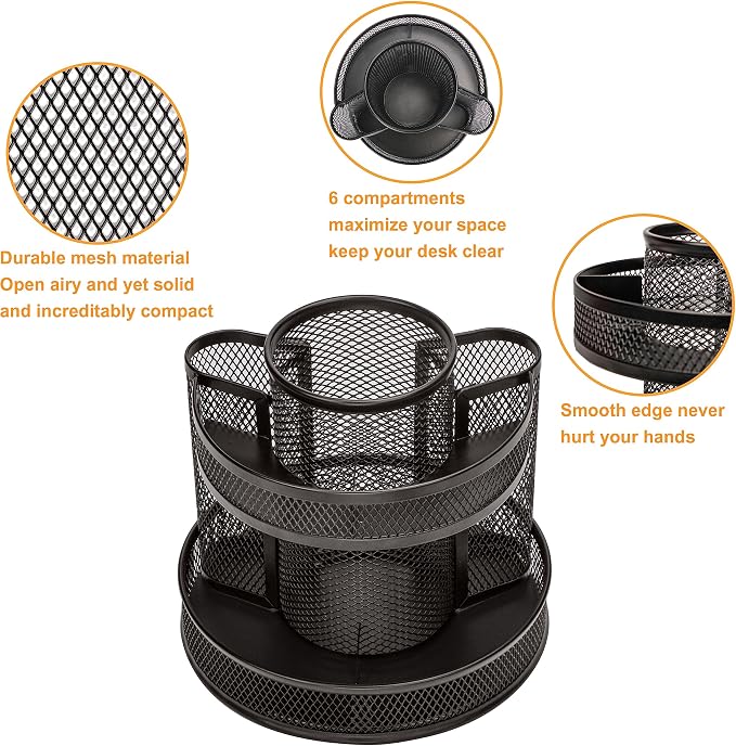 Annova Mesh Desk Organizer Rotate with 5 Compartments Round Spinning Tidy Candy/Pen Holder Desk Accessories Office, Art Supply, Storage, Classroom, Home (Black)