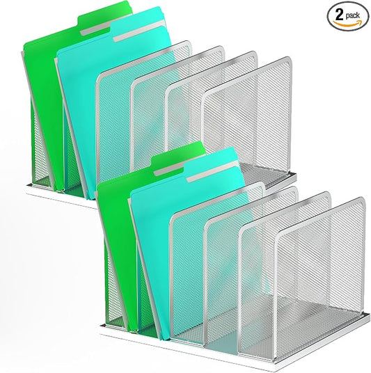 Kuntine.B Desk File Organizer Upright Mesh Desktop Organizer File Sorter Office Organization File Holder for Home, Office & Classroom (Silver, 2 Pack 5-Section)