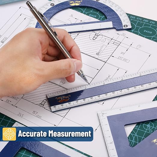 Mr. Pen- Wooden Geometry Set, 4 Pack, 8" 30°/60° Set Square | 5.5" 45°/90° Set Square, 6" Protractor & 12" Ruler for Classroom Use, Math, Drafting, Technical Drawing & Architecture