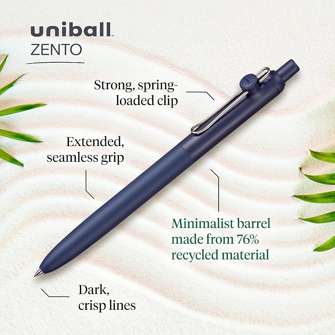 uniball Zento Liquid Gel Ink Retractable Pens, Medium Point (0.7mm), Muted Barrels, Black Ink, Dozen (Pack of 144)