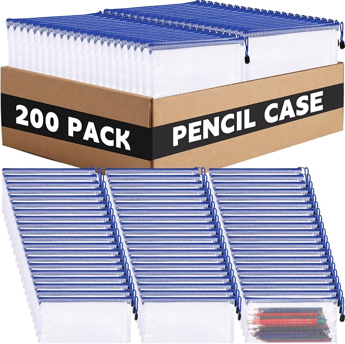Zhehao 200 Pieces A6 Mesh Zipper Pouch Bulk Mesh Bags with Zipper Waterproof Small Pencil Pouches for Office Supplies Organization 9.4 x 4.5 Inches(Blue Colors)