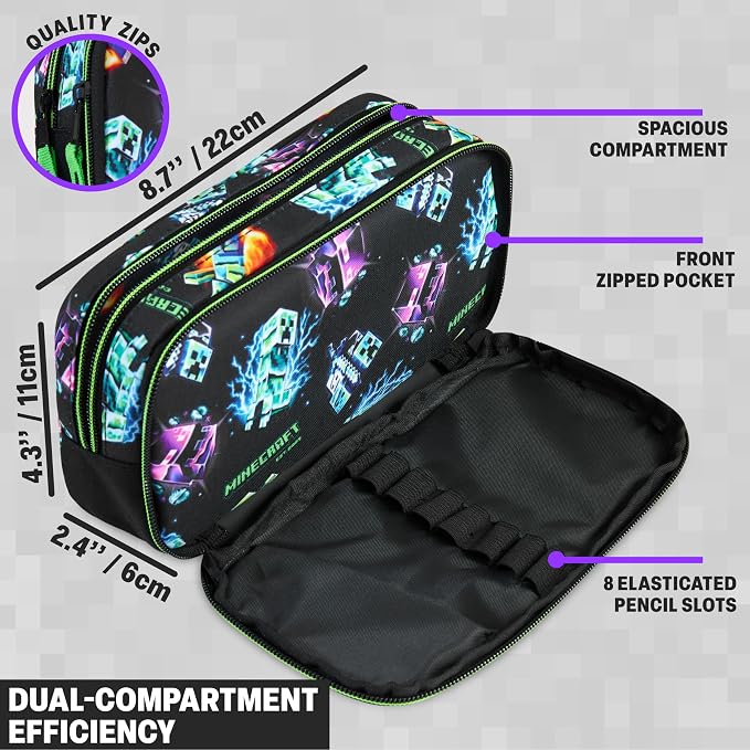 Get Trend Minecraft Pencil Case for Boys, Pencil Pouch with 2 Zipped Compartments, Back-to-School Marker & Pen Case, Organizer for School Supplies, Stationery, Gamer Gifts (Black/Multi Minecraft)