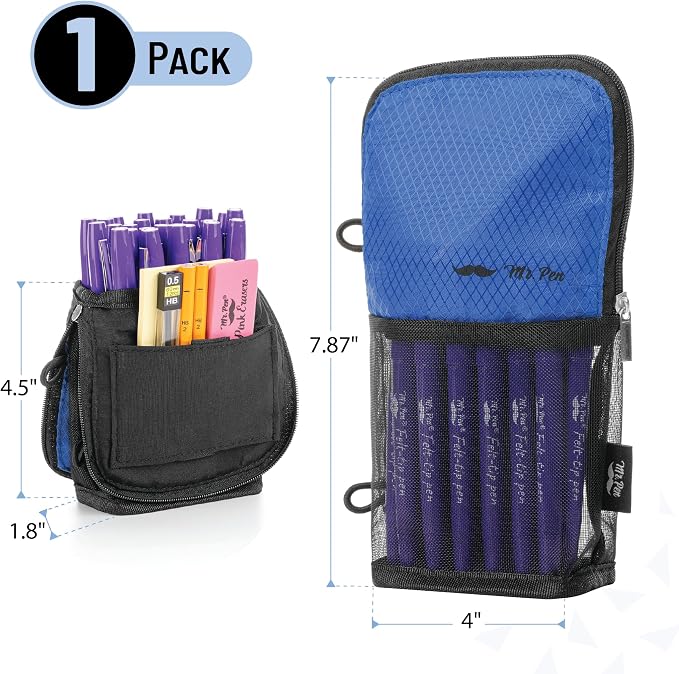Mr. Pen- Standing Pencil Case Pouch, Sit & Lay Mesh-View Design | Black & Blue, Interior Pocket & 2 Elastic Binder Loops, Cute Pencil Case for Girls and Boys
