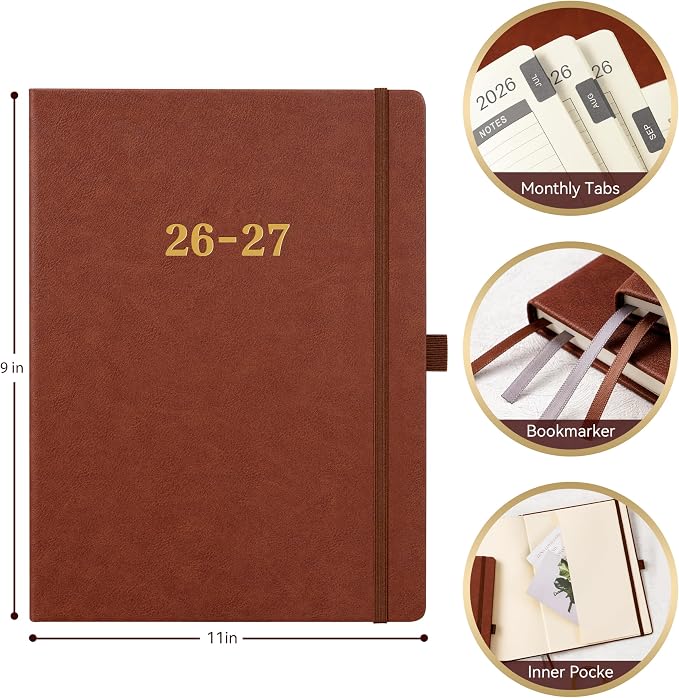 Vondafe 2026-2027 Planner - Weekly and Monthly Planner 2026-2027, Jul. 2026 - Jun. 2027, 9" x 11", 26-27 Calendar Planner with Inner Pocket + Elastic Closure + Pen Loop + Bookmarks, Leather Hardcover - Brown