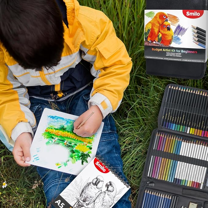 Smilo 76-Piece Art Supplies Sketching Kit with Sketchbook and Travel Case | Graphite Charcoal Watercolor Metallic and Woodless Pencils, Art Knife, Sandpaper Block, Drawing Set for Adults and Beginners