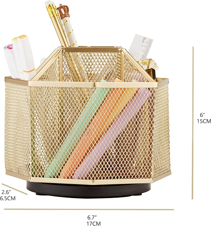 Annova Mesh Desk Organizer Rotate with 5 Compartments Spinning Tidy Candy/Pen Holder Office, Art Supply, Storage, Classroom, Home (Gold)