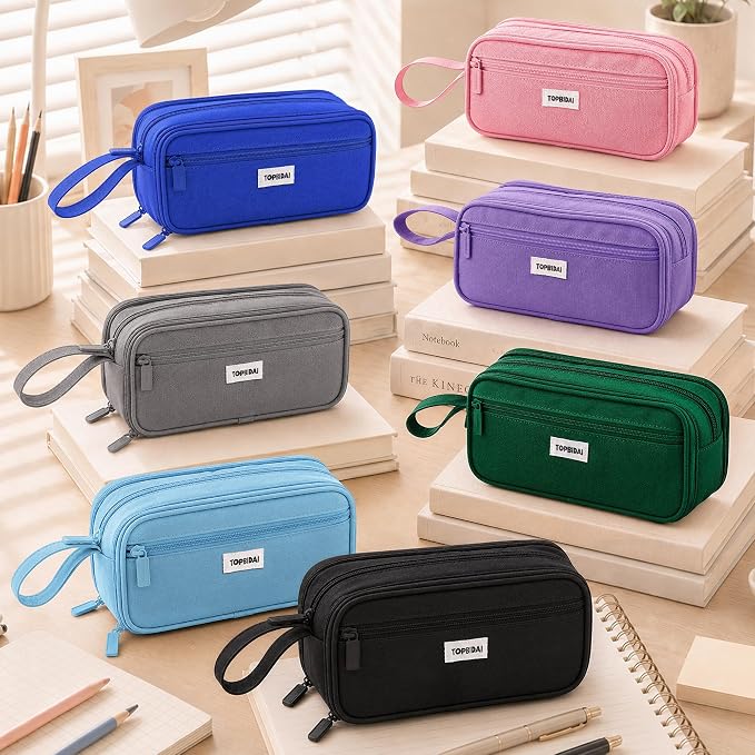 TOPBIDAI Large Pencil Case Pouch for Girls Boy Women Men Adults | Big Capacity Canvas Pencil Bag, Office School Supplies, Multi Compartment Zipper Stationery Pen Box(Stone Grey)