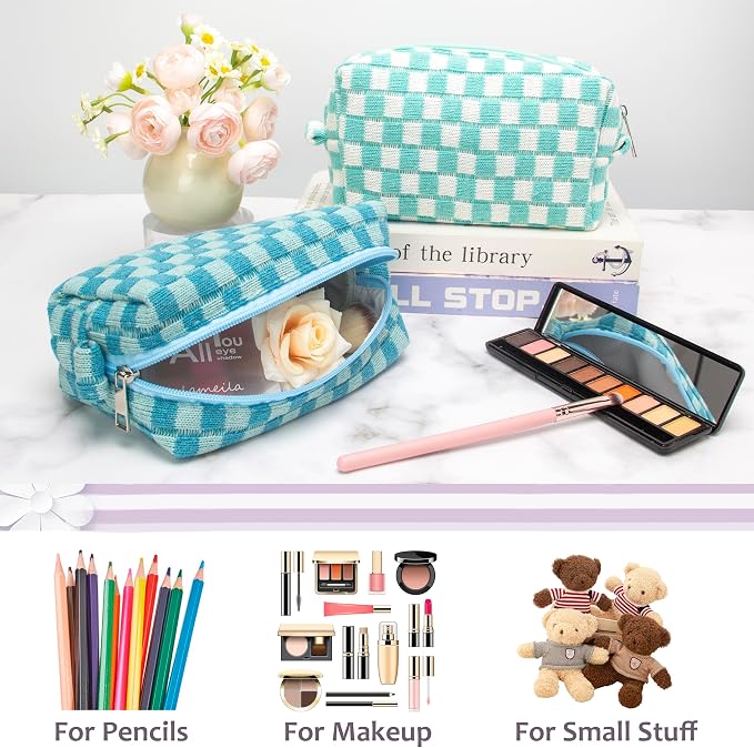 Checkered Makeup Bag for Purse, Small Travel Cosmetic Pouch,Lake Blue | Cute Zipper Makeup Organizer for Women, Travel Essentials, Toiletries, Makeup Brushes, Beauty Accessories&Bridesmaid Gifts
